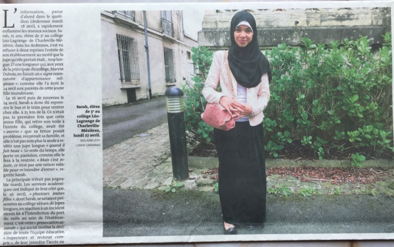 12e. Crispation à l'école sur les jupes longues. Sarah  15 ans  s'est vu interdire à deux reprises l'entrée à son collège de Charleville-Mézières. Le Monde 30 avril 2015. IMG_2568_1024